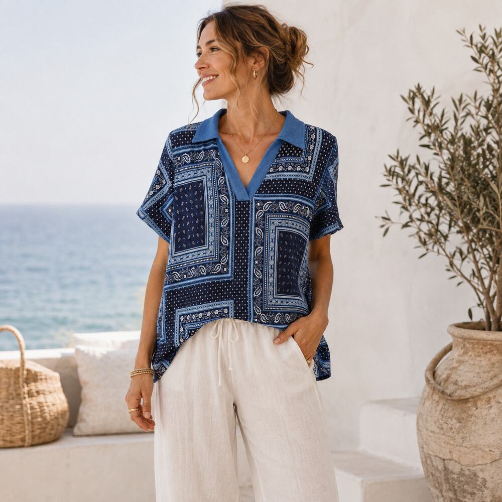 Cuddl Duds Short Sleeve Top Women's Size L Blue Patchwork Boho Cottage Casual